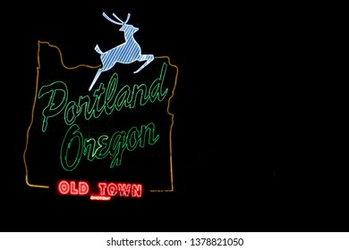 Portland, OR / USA - March 2019: Portland, Oregon White Stag Sign In Downtown At Night With Copy Space