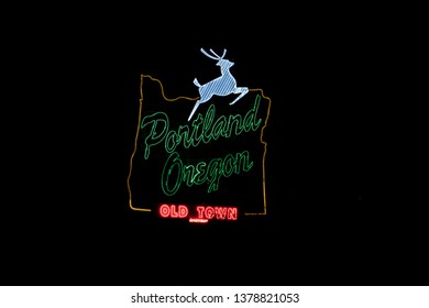 Portland, OR / USA - March 2019: Portland, Oregon White Stag Sign In Downtown At Night.