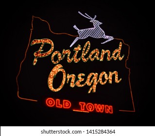 Portland, OR USA - March 22, 2019: Portland's White Stag Sign Lights Up The Night.