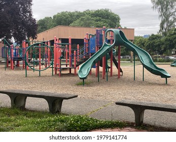 Portland, OR USA - May 21 2021: Public School Playground In Portland Oregon. Public School Jungle Gym For Use By Children.