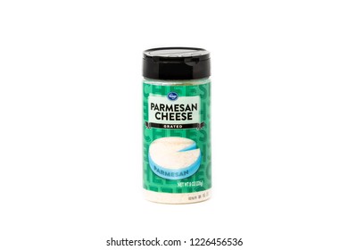 Portland, OR / USA - November 10 2018: Kroger Brand Grated Parmesan Cheese In A Plastic Container.