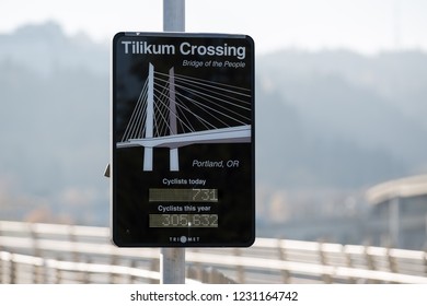 Portland, OR / USA - November 15 2018: Tilikum Crossing (bridge Of The People) Electronic Sign Showing Number Of Cyclists Using It.