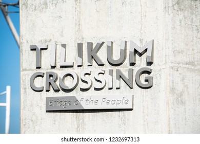 Portland, OR / USA - November 15 2018: Tilikum Crossing, Bridge Of The People Sign.