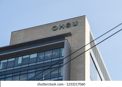 Portland, OR / USA - November 15 2018: Oregon Health And Science University Building (OHSU) In Downtown Waterfront Park.