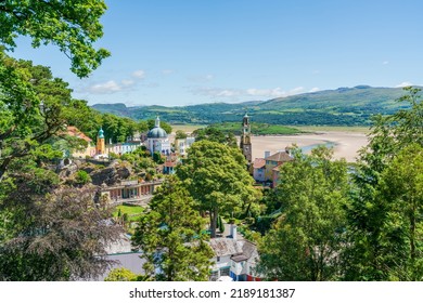 PORTMEIRION, WALES, UK - JULY 07, 2022: Portmeirion is a tourist village in North Wales. It was designed and built by Sir Clough Williams-Ellis between 1925 and 1975 in the style of an Italian village