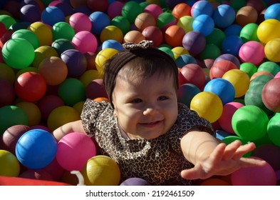 Porto Alegre, Rio Grande Do Sul-Brasil
November,8-2013
Baby Girl In Brindle Dress Playing In Polka Dot Pool