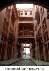 Porto Alegre -  RS - Brazil - November 28, 2020: Central Span Of The Former Hotel Majestic That Serves As Casa De Cultura Mário Quintana In Pink Colors With Central Arch Of Neoclassical Style.