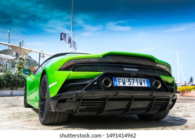 PORTO CERVO, ITALY - AUGUST 13 2019 : Sports car Lamborghini Huracàn Cabriolet
