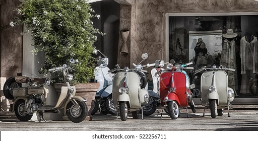 Porto Cervo, Italy - June 29, 2016: Piaggio Vespa vintage sprint motor scooter motorbike motorcycle 