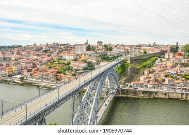 Porto city landscape with Luis bridge transportation across Douro riverside, Porto Portugal, April 2016