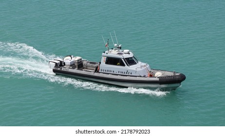 PORTO EMPEDOCLE, SICILY, ITALY - MAY 15, 2022: Coastal patrol boat V.1103 (Vedette Costiere) class "Zodiac Hurricane" ZH 1110 MACH II of the Italian Financial Guard (Guardia di Finanza).