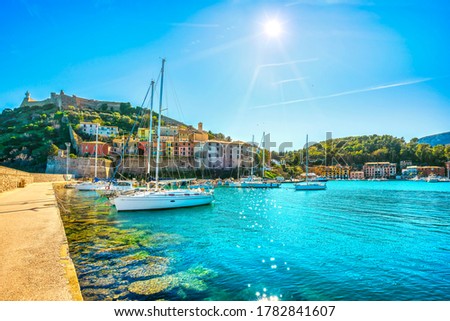 Porto Ercole village and boats in the harbour. Monte Argentario, Maremma Grosseto Tuscany, Italy