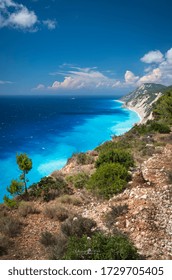 Porto Katsiki, the famous beach, with turquoise water of the Mediteranean sea and white cliffs,
