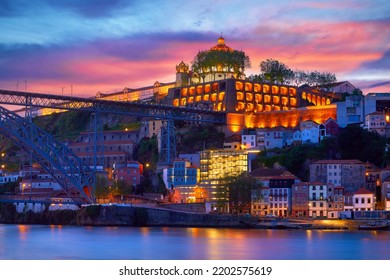 Porto Old Town, Portugal. Evening Sunset With Sunshine. Panoramic View At Ponte De Dom Luis On Douro River. Medieval Monastery Fort Mosteiro Da Serra Do Pilar. Blue Hour.