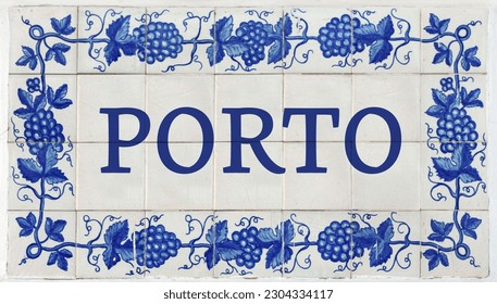Porto on Frame of Azulejos (name of Portuguese tiles) with blue bunches of grapes