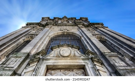 Porto, Portugal - 04.02.22: Clérigos Church, Famous Tourist Spot In Porto. It Draws Attention For Its Baroque Architecture. Bottom-up View.