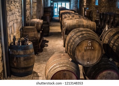 Porto, Portugal , 9th Of July , 2018. Barrels In The Wine Cellar, Porto, Portugal