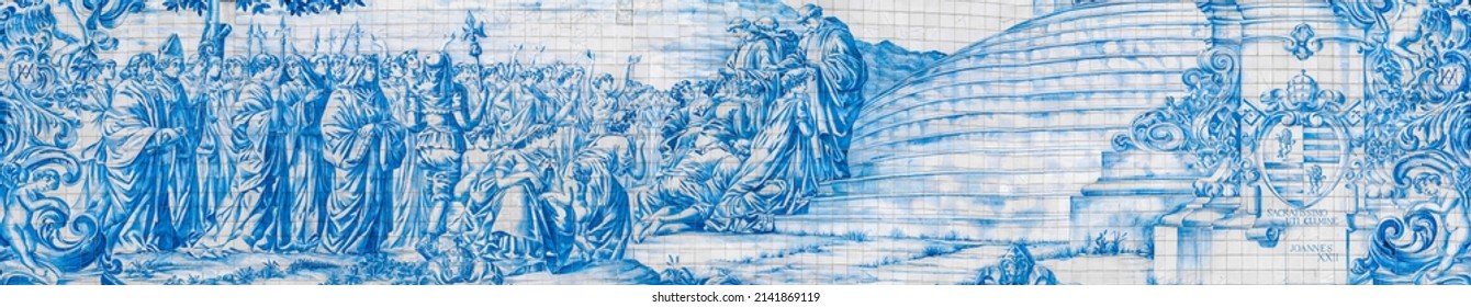 Porto, Portugal - April 2019: Religious Scene The Brown Scapular, Blessing And Imposition With The Scapular Of Our Lady Of Mount Carmel On The External Wall Of Carmo Church In Blue And White On Tiles