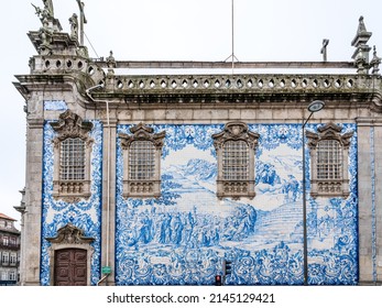 Porto, Portugal - April 2019: Religious Scene The Brown Scapular, Blessing And Imposition With The Scapular Of Our Lady Of Mount Carmel On The External Wall Of Carmo Church In Blue And White On Tiles