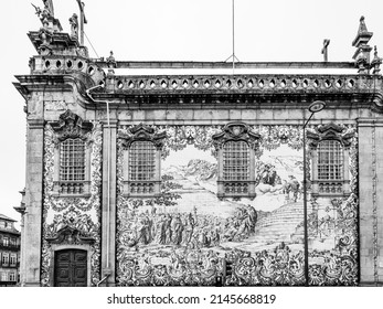 Porto, Portugal - April 2019: Religious Scene The Brown Scapular, Blessing And Imposition With The Scapular Of Our Lady Of Mount Carmel On The External Wall Of Carmo Church In Black And White On Tiles