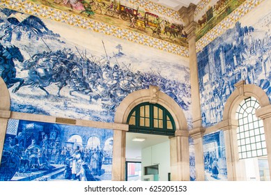 PORTO, PORTUGAL - AUGUST 08, 2016: São Bento Train Station
Oporto, Portugal. Interior With Fragments Of The Azulejo Historical Railway Station Of San Bento In Porto, Portugal.