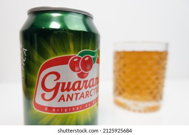 Porto, Portugal - Feb 19 2022: Guarana Antarctica, Brazilian Fizzy Drink Close Up.