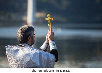 PORTO, PORTUGAL - JAN 19, 2017: Celebrating Baptism of Jesus in the Parish of Russian Orthodox Church near Douro river. This is one of the holiest holidays for all Christians. 