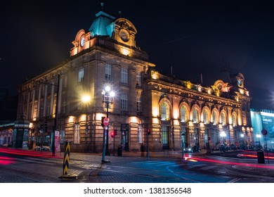 Porto / Portugal - January 2019: São Bento Railway Station At Night In Porto, Portugal. Long Exposure Photo. City Lights. Night Shoot