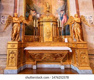 Porto, Portugal, July 19, 2019:  View Golden Tabernacle with consecrated hosts inside  of Clerigos Church (Igreja dos Clerigos in Portuguese) in Porto, Portugal