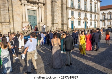 Porto, Portugal - July 6, 2022: People Celebrating High School Graduation Near The Porto Cathedral