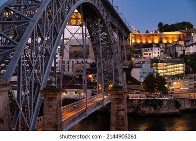 Porto, Portugal – June 06, 2021: Night Shot Of Porto Looking Towards Vila Nova De Gaia, With The Illuminated 