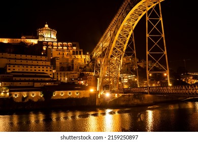 Porto, Portugal – June 06, 2021: Night Shot Of Porto Looking Towards Vila Nova De Gaia, With The Illuminated 