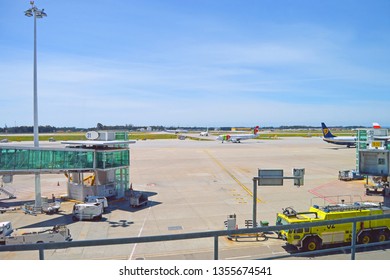 Porto, Portugal - May 1, 2018: Landing Tracks At The Francisco Sá Carneiro International Airport In Porto, Portugal