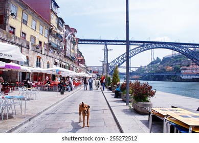 PORTO, PORTUGAL - MAY 6, 2009: Tourists and locals enjoy the Ribeira District in the Douro River bank near the Dom Luis I Bridge, Porto, Portugal. UNESCO World Heritage.