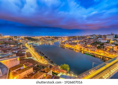 Porto Portugal Night City Skyline At Porto Ribeira And Douro River And Dom Luis I Bridge