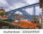 Porto, Portugal Old town Ribeira view, Douro river and Luis I bridge close-up