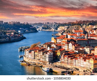 Porto, Portugal old town skyline at sunset, beautiful cityscape - Shutterstock ID 1058804030