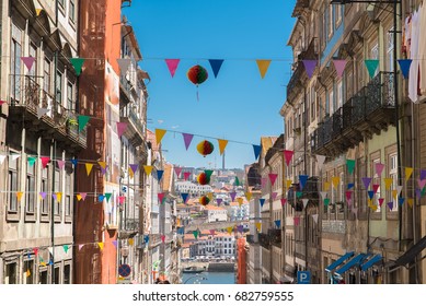 Porto, Portugal, Street With Decorations, View Of The River
