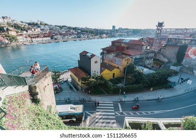 PORTO, PORTUGAL - Summer 2019: View Into Douro River, From The Climb Of Stairs That Lead To The Top Of The Dom Luis I Bridge.