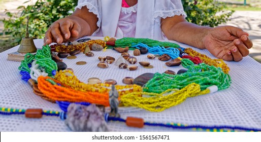 Porto Seguro, Bahia, Brazil. Board To Practice The Art Of Buzios Game, Candomblé Art.