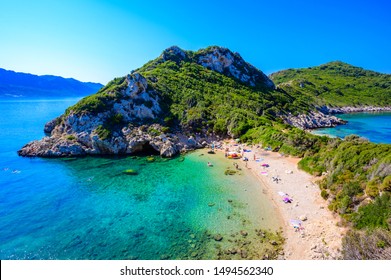 Porto Timoni Beach At Afionas Is A Paradise Double Beach With Crystal Clear Azure Water In Corfu, Ionian Island, Greece, Europe