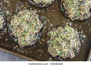 Portobello Mushroom Caps Filled With Shallots And Cremini Mushroom In A White Wine Cream Sauce, Broiled With A Parmesan, Chive And Cilantro Panko Topping