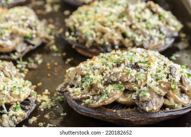 Portobello Mushroom Caps Filled With Shallots And Cremini Mushroom In A White Wine Cream Sauce, Broiled With A Parmesan, Chive And Cilantro Panko Topping