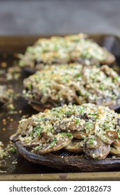 Portobello Mushroom Caps Filled With Shallots And Cremini Mushroom In A White Wine Cream Sauce, Broiled With A Parmesan, Chive And Cilantro Panko Topping