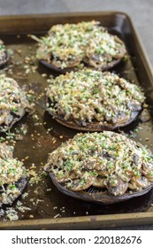 Portobello Mushroom Caps Filled With Shallots And Cremini Mushroom In A White Wine Cream Sauce, Broiled With A Parmesan, Chive And Cilantro Panko Topping