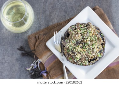 Portobello Mushroom Caps Filled With Shallots And Cremini Mushroom In A White Wine Cream Sauce, Broiled With A Parmesan, Chive And Cilantro Panko Topping