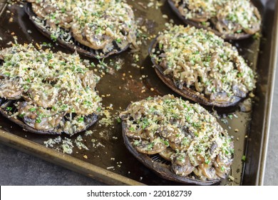 Portobello Mushroom Caps Filled With Shallots And Cremini Mushroom In A White Wine Cream Sauce, Broiled With A Parmesan, Chive And Cilantro Panko Topping