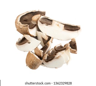 Portobello Mushroom, Portabella Or Portobella Isolated On White Background. Big Brown Sliced Champignons With Clipping Path