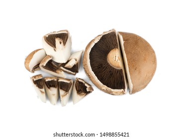 Portobello Mushroom, Portabella Or Portobella Isolated On White Background. Big Brown Sliced Champignons With Clipping Path