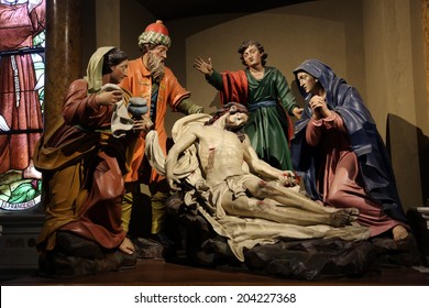 PORTOFINO, ITALY - MAY 04, 2014: Deposition of Christ, Mary Magdalene, St. John, Joseph of Arimathea and the Virgin of Sorrows. Church of St. Martin in Portofino in the province of Genoa